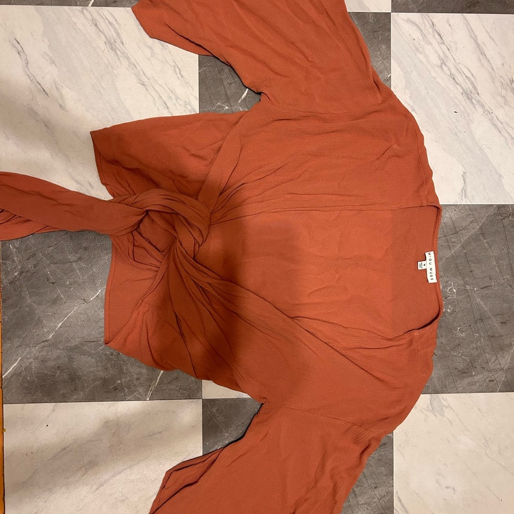 Salmon/Orange Tie-Front Blouse